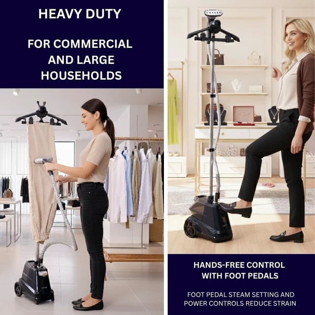 Alt view image 5 of 6 - SALAV Heavy Duty Commercial Full-Size Garment Steamer with Foot Pedals and Extra Large 3L (101.5 oz) Water Tank, 1800 watts of Poweful Steam (Navy)