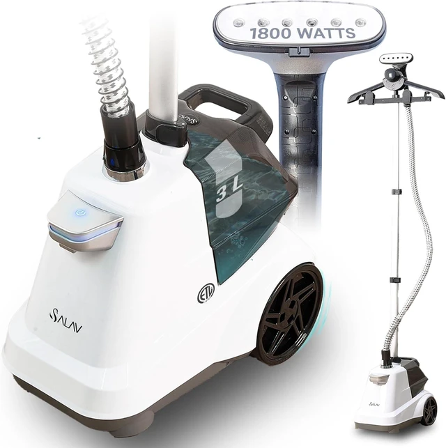 Main image of SALAV Heavy Duty Commercial Full-Size Garment Steamer with Foot Pedals and Extra Large 3L (101.5 oz) Water Tank, 1800 watts, 90+min of Continuous Steam (White)