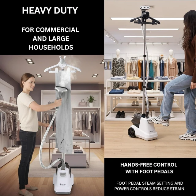 Alt view image 3 of 7 - SALAV Heavy Duty Commercial Full-Size Garment Steamer with Foot Pedals and Extra Large 3L (101.5 oz) Water Tank, 1800 watts, 90+min of Continuous Steam (White)