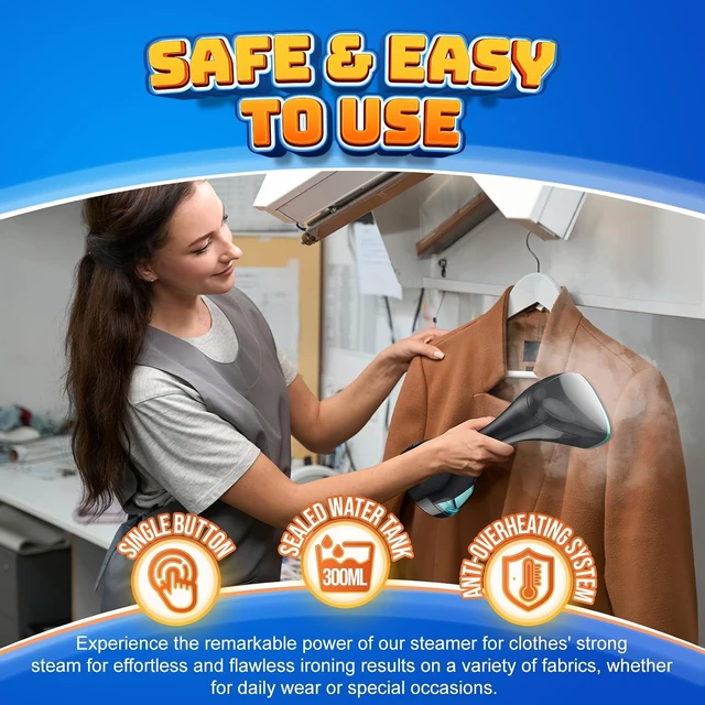 Alt view image 4 of 6 - Steamer for Clothes, 1800W Handheld Clothes Steamer for Quick Wrinkle Removal with 15s Fast Heat-Up, 3 Steam Modes, 300ml Tank, Portable Garment Steamer with Brush & Glove for Home, Travel, Office
