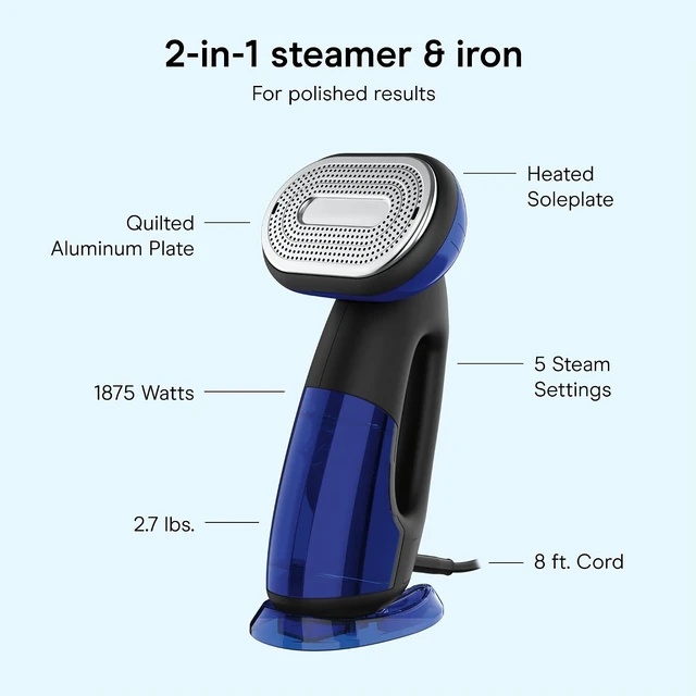 Alt view image 4 of 7 - Conair 2-in-1 Handheld Steamer and Iron for Clothes, Turbo ExtremeSteam 1875W Garment Steamer and Clothing Iron,Black / Blue