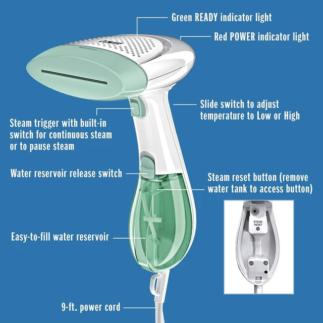 Alt view image 6 of 7 - Conair Handheld Garment Steamer for Clothes, ExtremeSteam 1200W, Portable Handheld Design,White/Light Green
