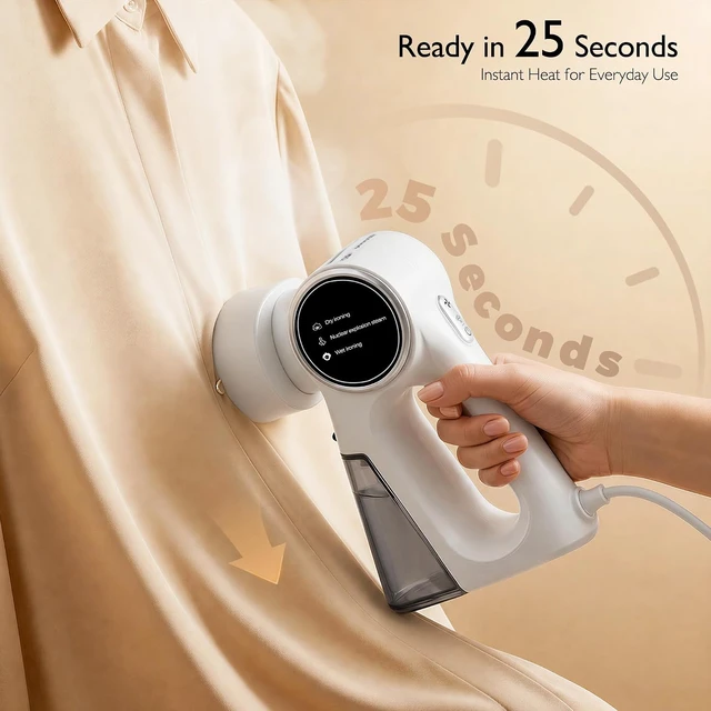Alt view image 6 of 7 - Steamer for Clothes, Clothes Steamer Handheld Supports Both Hanging and Flat Ironing, Auto Absorbs Clothing, Adjustable Suction Power from 3000-6000Pa, Fits Easily Into a Suitcase (White)