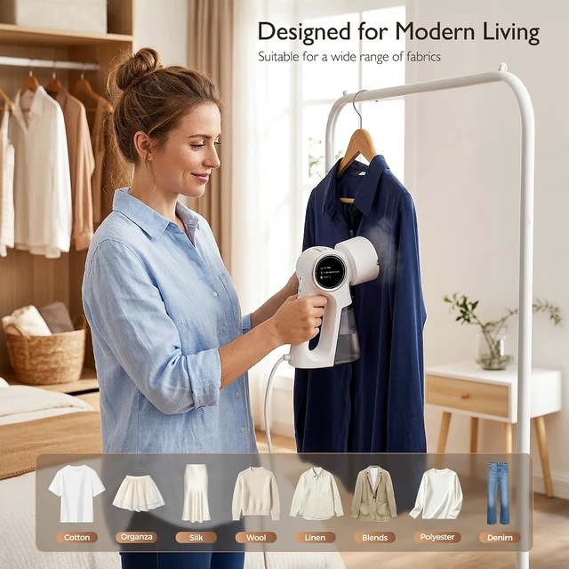 Alt view image 7 of 7 - Steamer for Clothes, Clothes Steamer Handheld Supports Both Hanging and Flat Ironing, Auto Absorbs Clothing, Adjustable Suction Power from 3000-6000Pa, Fits Easily Into a Suitcase (White)