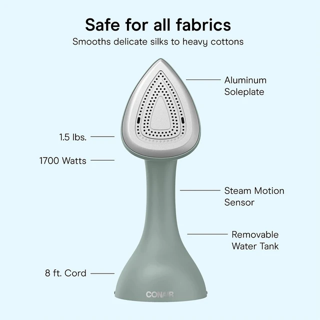 Alt view image 4 of 7 - Conair 2-in-1 Iron and Garment Steamer, Aluminum Soleplate, 1700W, Green