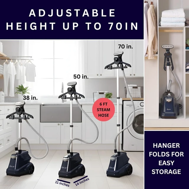 Alt view image 4 of 6 - SALAV Heavy Duty Commercial Full-Size Garment Steamer with Foot Pedals and Extra Large 3L (101.5 oz) Water Tank, 1800 watts of Poweful Steam (Navy)