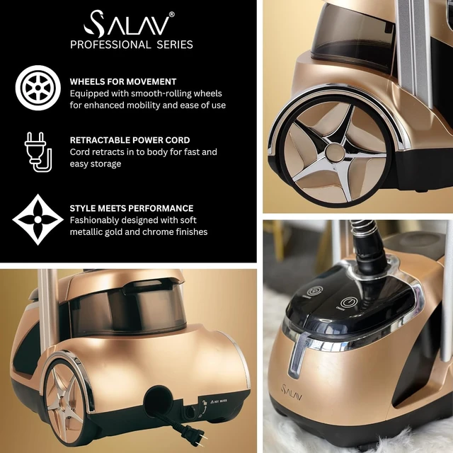Alt view image 3 of 7 - SALAV Limited Edition Professional Series Dual Bar Garment Steamer with Foot Pedals, Stainless Steel Steam Plate, Retractable Power Cord, 1.8L (60.8 oz) Water Tank, 1500 watts, 60+mins of Steam
