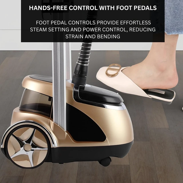 Alt view image 4 of 7 - SALAV Limited Edition Professional Series Dual Bar Garment Steamer with Foot Pedals, Stainless Steel Steam Plate, Retractable Power Cord, 1.8L (60.8 oz) Water Tank, 1500 watts, 60+mins of Steam