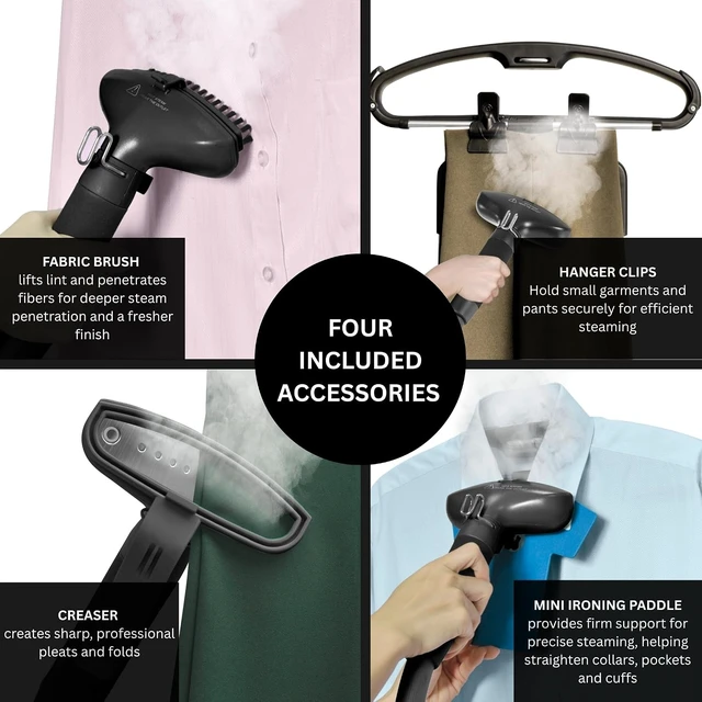 Alt view image 6 of 7 - SALAV Limited Edition Professional Series Dual Bar Garment Steamer with Foot Pedals, Stainless Steel Steam Plate, Retractable Power Cord, 1.8L (60.8 oz) Water Tank, 1500 watts, 60+mins of Steam