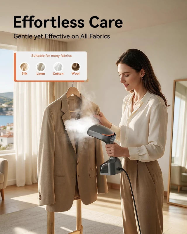 Alt view image 5 of 7 - Handheld Steamer for Clothes, 1800W Portable Garment Steamer with 30s Fast Heat, 4 Fabric Modes for Silk/Wool/Cotton/Linen, 255ml Detachable Tank, Wrinkle Remover Iron Press with Lint Brush