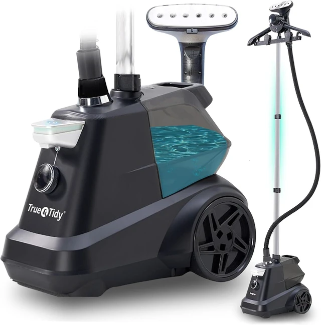 Main image of True & Tidy® Heavy-Duty Commercial Industrial Standing Garment Steamer for Clothes, 1800 watts, XL 3L water tank 90+ mins of Steam 3 Steam Settings, Step On/Off Control, Wheels for Easy Movement