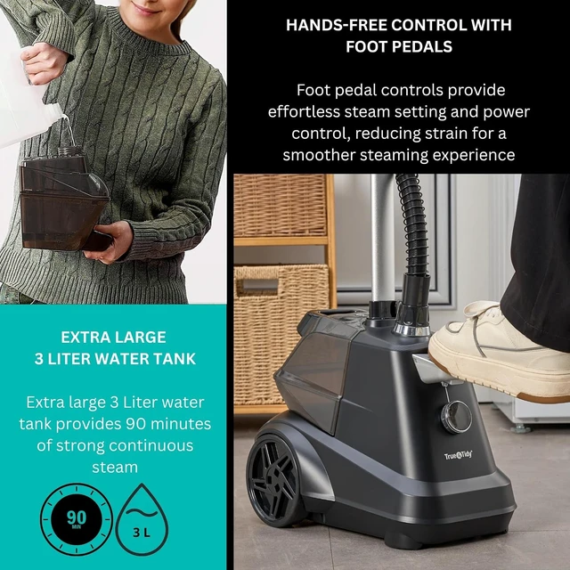 Alt view image 3 of 7 - True & Tidy® Heavy-Duty Commercial Industrial Standing Garment Steamer for Clothes, 1800 watts, XL 3L water tank 90+ mins of Steam 3 Steam Settings, Step On/Off Control, Wheels for Easy Movement