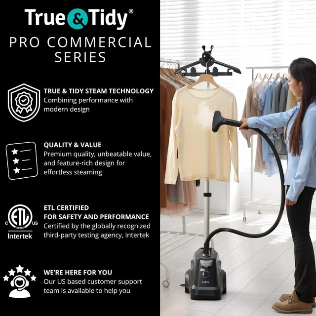 Alt view image 7 of 7 - True & Tidy® Heavy-Duty Commercial Industrial Standing Garment Steamer for Clothes, 1800 watts, XL 3L water tank 90+ mins of Steam 3 Steam Settings, Step On/Off Control, Wheels for Easy Movement
