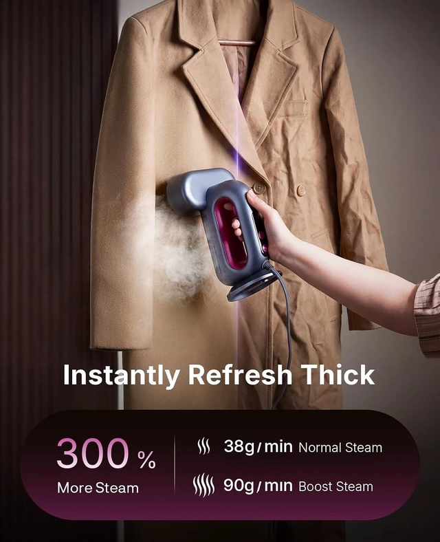 Alt view image 2 of 7 - Jack & Rose Steamer for Clothes, 90g/min Boost and 38g/min Continious Steam, 29 Large Holes Powerful Steamer, 220ml Garments Capacity 2-in-1 Handheld Steaming & lroning, Cleaning Brush