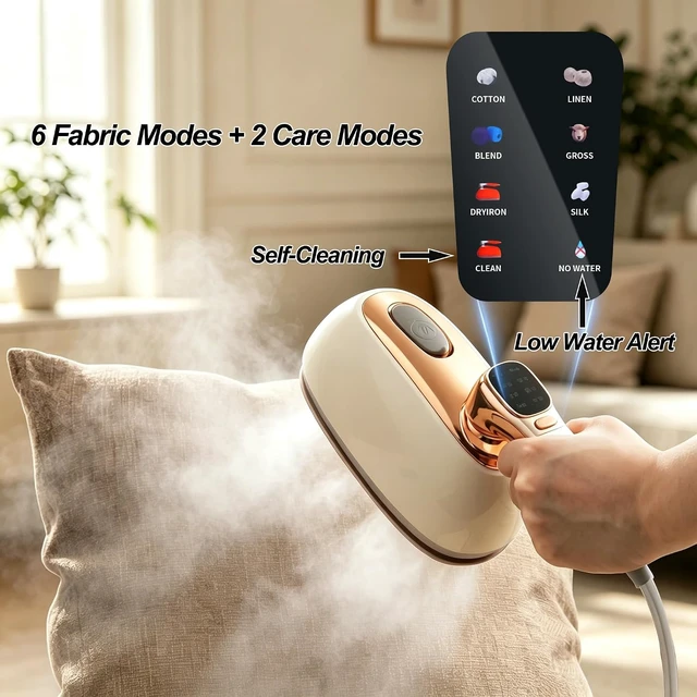 Alt view image 2 of 7 - Garment Steamer for Clothes 1400W Portable Travel Steamer 180°Rotating Handle with LCD Display Handheld Wrinkle Remover, 260mL Water Tank, 8 Steam Models, Beige