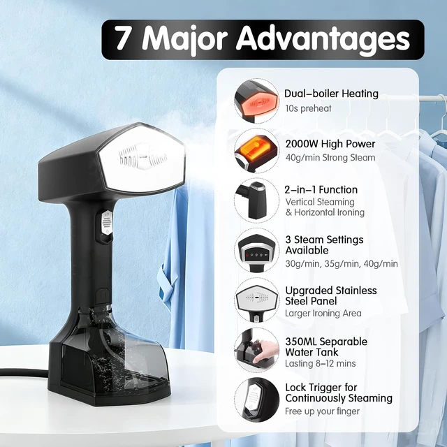 Alt view image 2 of 7 - Handheld Garment Steamer for Clothes, 2000W, 10s Heat-Up, 350ml Tank