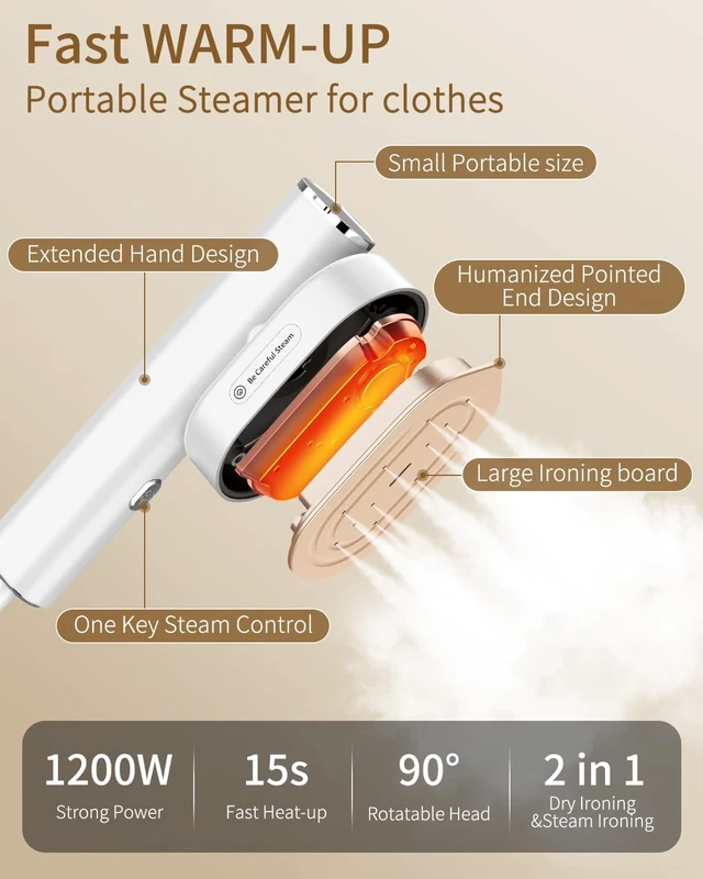 Alt view image 3 of 7 - Steamer for Clothes, 2-in-1 Steam Iron, 1200W Handheld Steamer with 10s Fast Heat-Up, Travel Steamer for Fast Wrinkle Removal, Portable Garment Steamer for Travel and Home -White, 110-120V