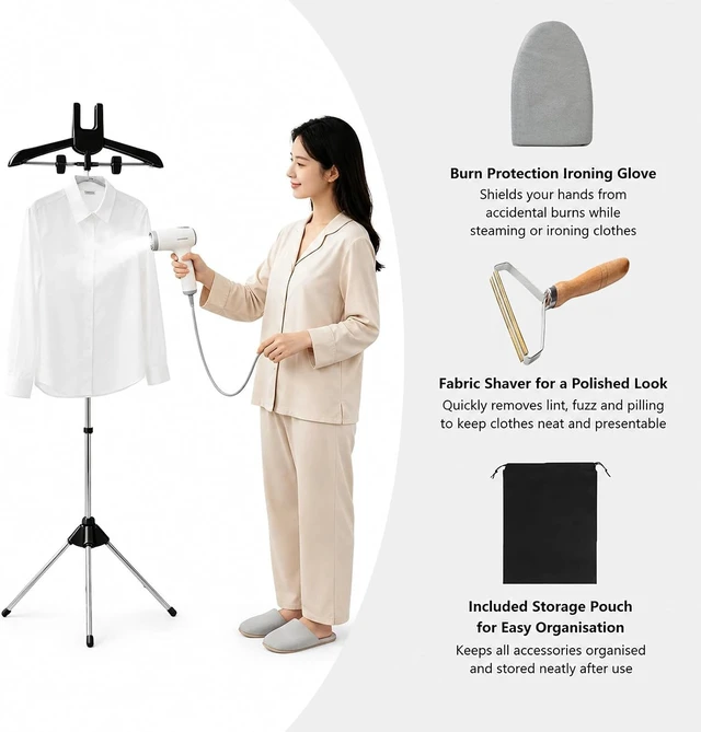 Alt view image 3 of 7 - Steaming Rack for Clothes Hanger for Steaming Clothes Telescopic Folding Clothes Steamer Rack Adjustable Garment Hanger with Ironing Gloves Clothing Fuzz Remover Portable for Travel & Home