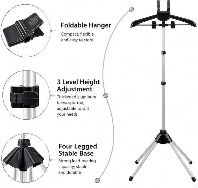 Alt view image 4 of 7 - Steaming Rack for Clothes Hanger for Steaming Clothes Telescopic Folding Clothes Steamer Rack Adjustable Garment Hanger with Ironing Gloves Clothing Fuzz Remover Portable for Travel & Home
