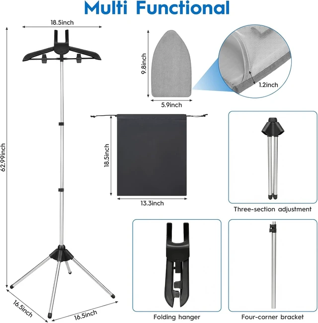Alt view image 7 of 7 - Steamer Stand for Clothes with Ironing Gloves & Carrying Bag Portable Adjustable Garment Steamer Stand Handheld Steamer Hanger Rack for Travel Home, Black
