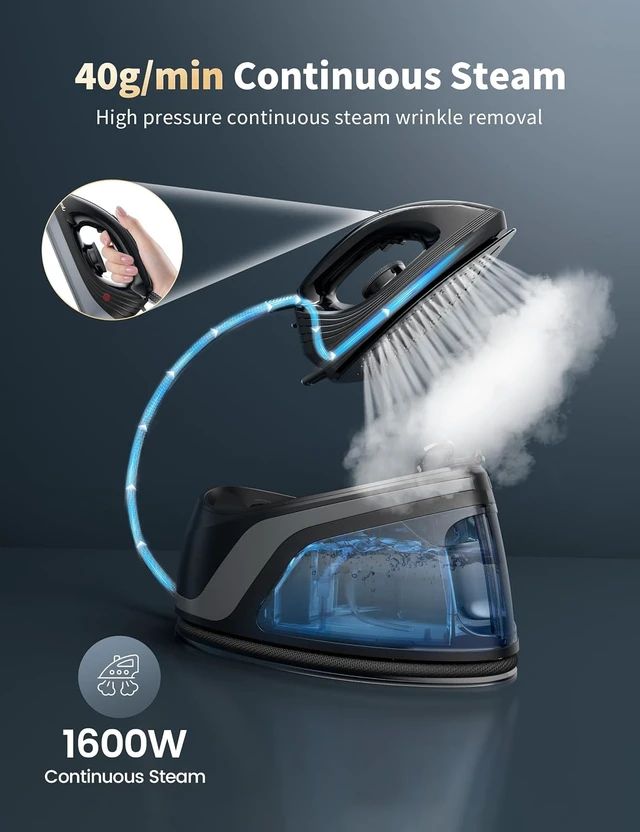 Alt view image 6 of 6 - Steam Station Iron for Clothes,1600W Professional Steam Iron with 44 oz Tank, 400 microsteam holes, Built-In Pump, Ceramic baseplate,Iron Lock For Easy Carry,Home use