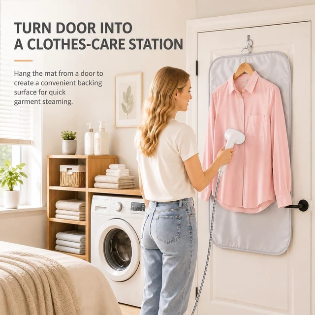 Alt view image 3 of 7 - WAYUTO Over Door Garment Steamer Travel Mat 22 x 47 Inches with Hook, Ironing Glove and Scorch Mesh Press Pad for Clothes Care, Hanging Ironing Mat for Laundry Room and Travel