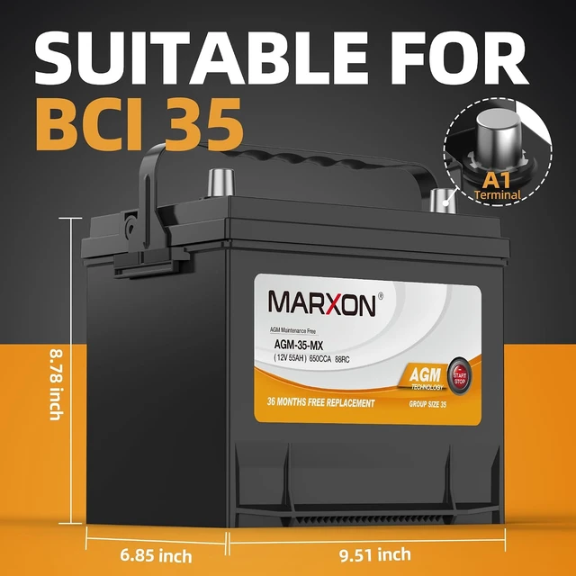 Alt view image 2 of 6 - Group 35 Car Battery 12v 55AH 650CCA 88RC AGM Maintenance Free