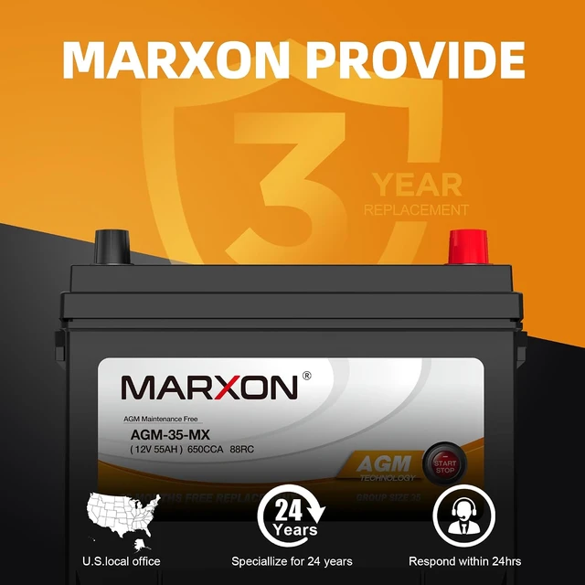 Alt view image 4 of 6 - Group 35 Car Battery 12v 55AH 650CCA 88RC AGM Maintenance Free