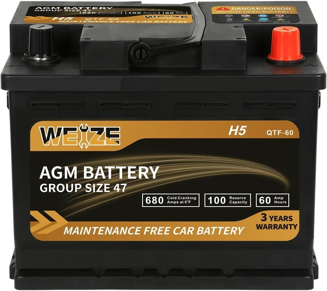 Main image of Weize Platinum AGM Battery BCI Group 47-12v 60ah H5 Size 47 Automotive Battery, 100RC, 680CCA, 36 Months Warranty, Dimensions 9.52" L x 6.89" W x 7.48" H