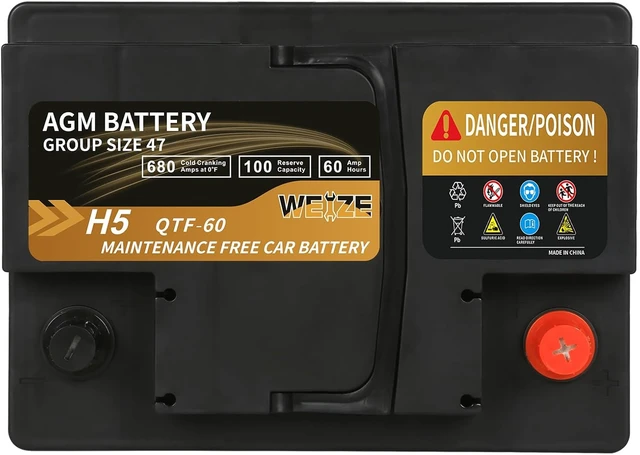 Alt view image 3 of 6 - Weize Platinum AGM Battery BCI Group 47-12v 60ah H5 Size 47 Automotive Battery, 100RC, 680CCA, 36 Months Warranty, Dimensions 9.52" L x 6.89" W x 7.48" H