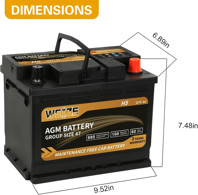 Alt view image 2 of 6 - Weize Platinum AGM Battery BCI Group 47-12v 60ah H5 Size 47 Automotive Battery, 100RC, 680CCA, 36 Months Warranty, Dimensions 9.52" L x 6.89" W x 7.48" H