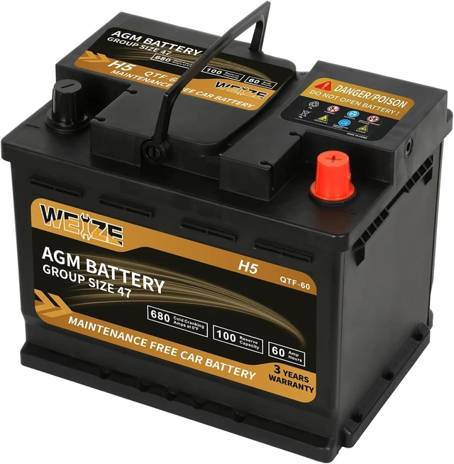 Alt view image 5 of 6 - Weize Platinum AGM Battery BCI Group 47-12v 60ah H5 Size 47 Automotive Battery, 100RC, 680CCA, 36 Months Warranty, Dimensions 9.52" L x 6.89" W x 7.48" H