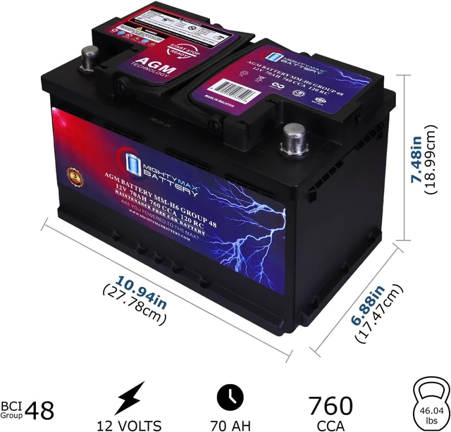 Alt view image 2 of 7 - Mighty Max Battery MM-H6 Start and Stop Car BCI Group Size 48 12V 70 AH, 120RC, 760 CCA Rechargeable AGM Car Battery