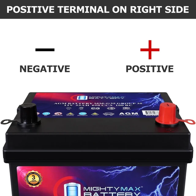 Alt view image 3 of 7 - Mighty Max Battery MM-G35 Start and Stop Car BCI Group Size 35 12V 55Ah, 100RC, 650 CCA Rechargeable AGM Car battery