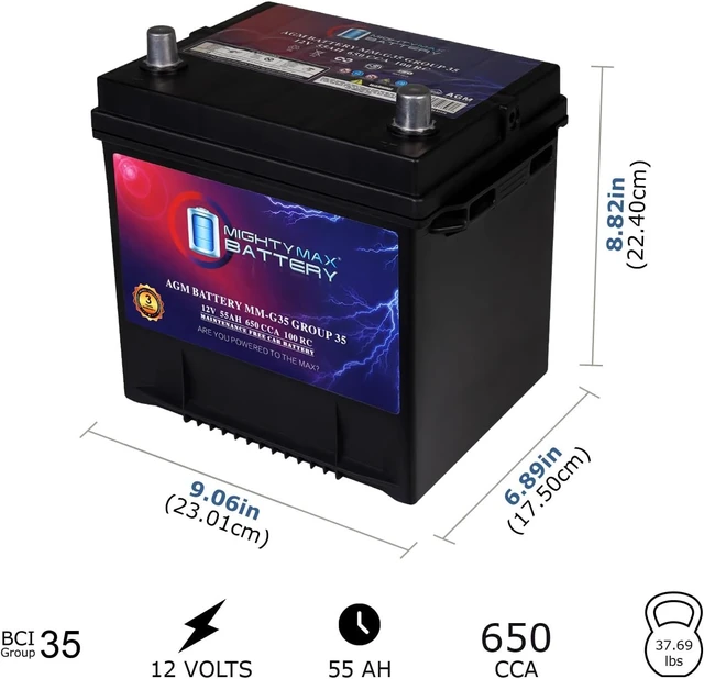 Alt view image 2 of 7 - Mighty Max Battery MM-G35 Start and Stop Car BCI Group Size 35 12V 55Ah, 100RC, 650 CCA Rechargeable AGM Car battery