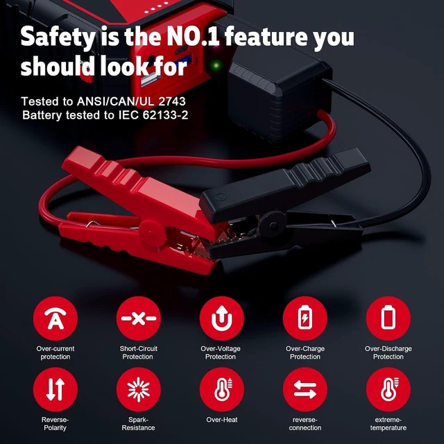 Alt view image 3 of 7 - Povasee Jump Starter 5000A Car Jumper Starter, Model A30 12V Jump Box for Car Battery up to 10L Gas or 8L Diesel Engine Battery Jumper Starter Portable with USB Dual Output/LED Light/Storage Case