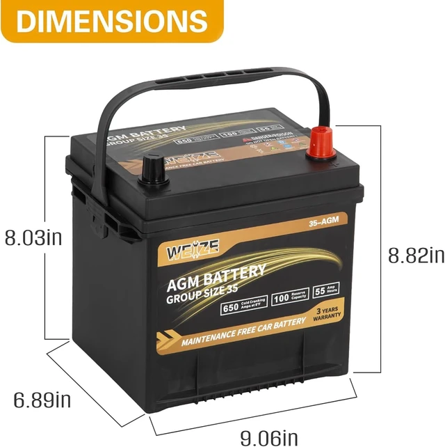 Alt view image 2 of 5 - Weize Platinum AGM Battery BCI Group 35 Automotive Battery, 100RC, 650CCA, 36 Months Warranty, Dimensions 9.06" L x 6.89" W x 8.82" H