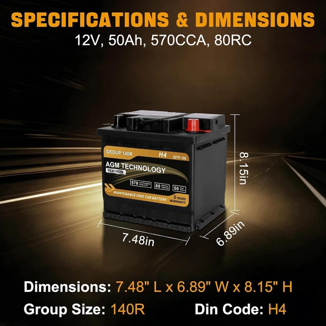 Alt view image 2 of 7 - Platinum AGM Car Battery Group Size 140R H4, 12V 50Ah, 570 CCA, 80 RC, Rechargeable Start-Stop Automotive Battery with 36-Month Warranty
