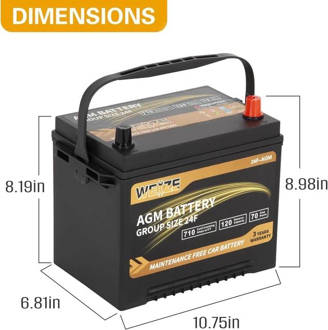 Alt view image 2 of 5 - Weize Platinum AGM Battery BCI Group 24F Automotive Battery, 120RC, 710CCA, 36 Months Warranty, Dimensions 10.75" L x 6.81" W x 8.98" H