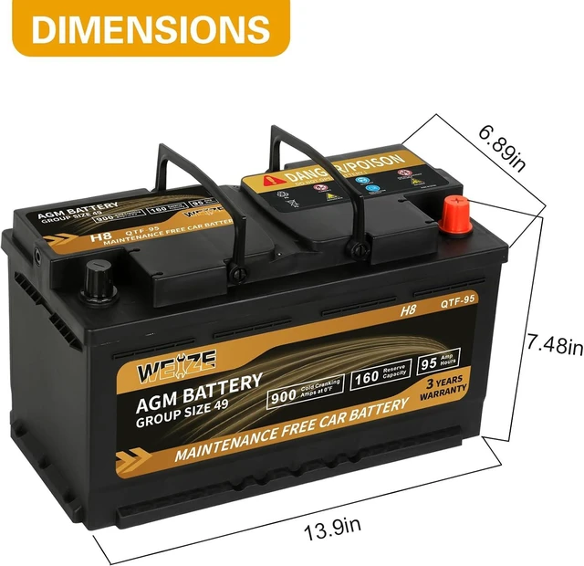 Alt view image 2 of 6 - Weize Platinum AGM Battery BCI Group 49-12v 95ah H8 Size 49 Automotive Battery, 160RC, 900CCA, 36 Months Warranty, Dimensions 13.9" L x 6.89" W x 7.48" H