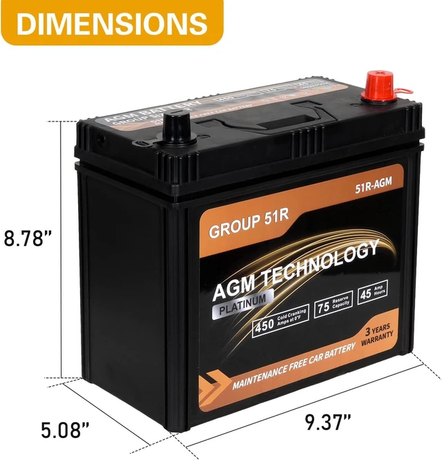 Alt view image 2 of 7 - Weize Platinum AGM Battery BCI Group 51R Automotive Battery, 12V 45Ah, 75RC, 450CCA, 36 Months Warranty, Replacement for Car, SUV