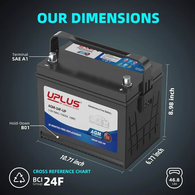 Alt view image 2 of 7 - UPLUS BCI Group 24F AGM Car Battery, 12V 70Ah 710CCA 120RC Start-Stop
