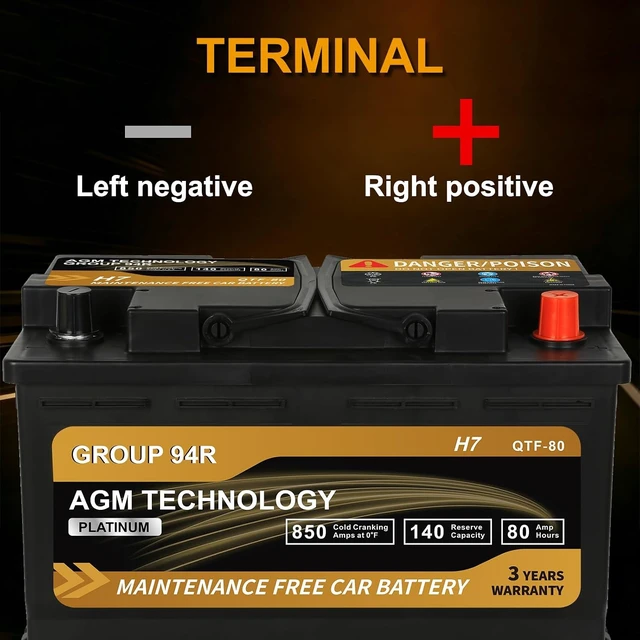 Alt view image 3 of 7 - Platinum AGM Car Battery Group Size 94R H7, 12V 80Ah, 850 CCA, 140 RC, Rechargeable Start-Stop Automotive Battery with 36-Month Warranty