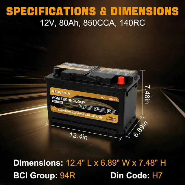 Alt view image 2 of 7 - Platinum AGM Car Battery Group Size 94R H7, 12V 80Ah, 850 CCA, 140 RC, Rechargeable Start-Stop Automotive Battery with 36-Month Warranty