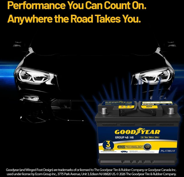 Alt view image 7 of 7 - Goodyear 48-H6-AGM BCI Group Size 48 12V 70 AH, 120RC, 760 CCA Platinum series Rechargeable AGM Maintenance Free Automotive Battery