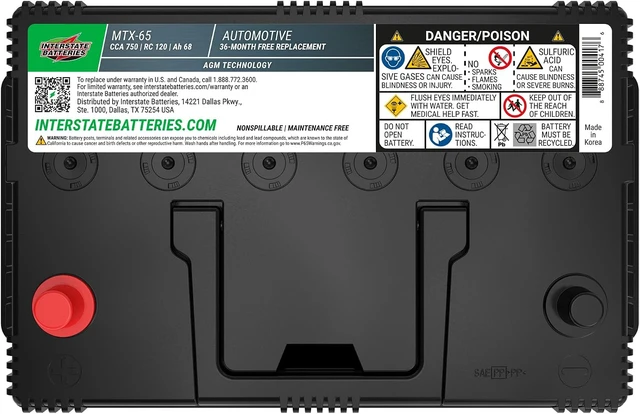 Alt view image 3 of 7 - Interstate Batteries Car Battery 12V 68Ah 750CCA Group 65 AGM