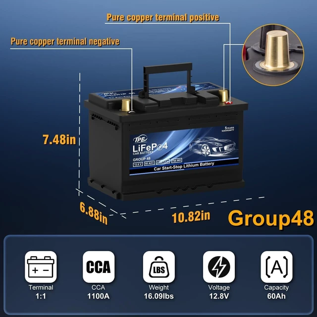 Alt view image 2 of 7 - TPE Car Start-Stop Lithium Battery GROUP 48 12V 60AH Car Battery with 1100CCA High-Performance Automotive Battery with 60 Months Warranty