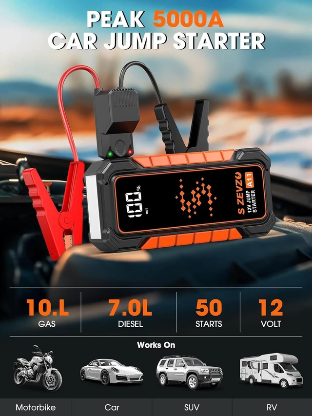 Alt view image 2 of 7 - S ZEVZO A11 Jump Starter, Upgraded 5000A Car Battery Jumper Starter Portable (10.0L Gas & 7.0L Diesel Engines) with Booster 12V Lithium Jump Box with USB Charger, LCD Display, Flashlight, and Case