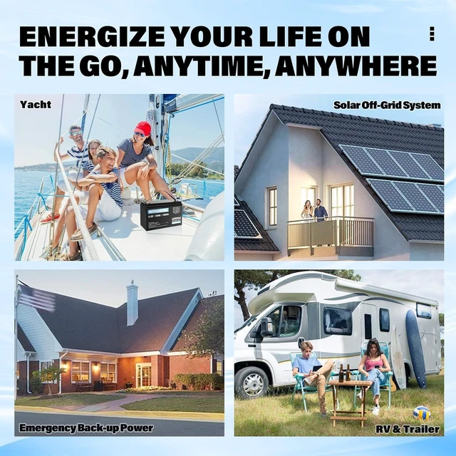 Alt view image 7 of 7 - 12V 100Ah LiFePO4 Lithium Battery, 15000+ Deep Cycles, Low-Temp Cutoff, 100A BMS, Plug and Play for Automotive RV, Marine, Solar, Off-Grid Home Energy Storage