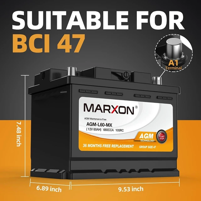 Alt view image 2 of 7 - MARXON Group 47 H5 L2 Car Battery 12v 60AH 660CCA AGM Maintenance Free